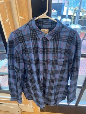 L.L. Bean Blue and Black Plaid Button-Down Shirt with Red Accents